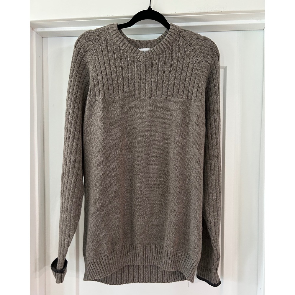 Columbia Mens V-Neck Ribbed Knit Sweater Brown Taupe Raglan Sleeve Size M